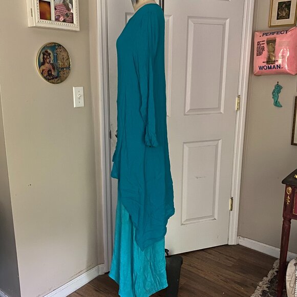 VINTAGE Teal Gauze Seersucker Layered ABAYA Light weight Maxi Dress *LARGE* - Picture 3 of 6